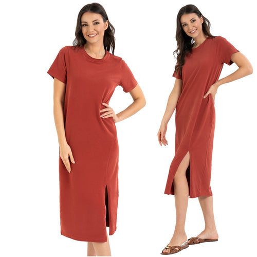 Sukienka damska bawełniana – t-shirt dress – midi z rozcięciami