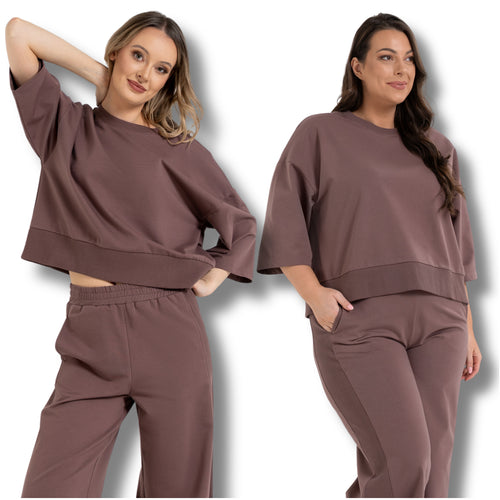 Luźna bluza damska dresowa gładka rękaw 3/4 oversize modna