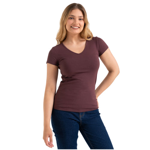 Gładki t-shirt damski klasyczny z dekolt v koszulka krótki rękaw