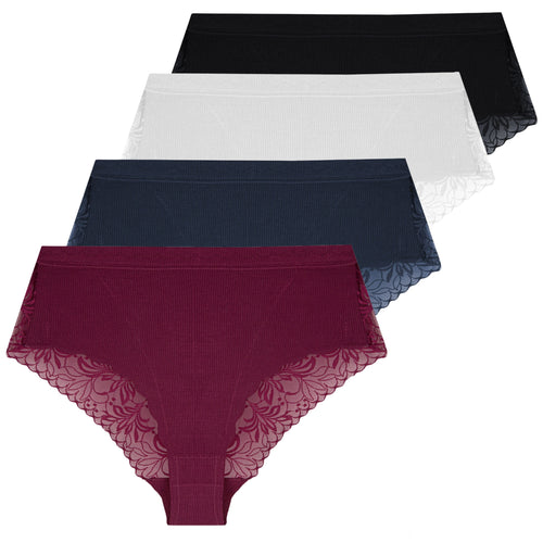 Majtki damskie wiskozowe maxi bikini prążkowane z koronką 4-pak