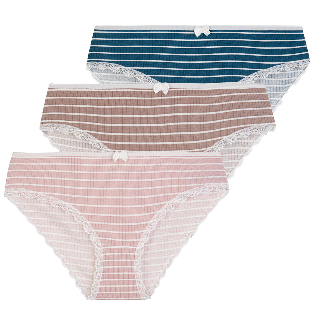 Figi damskie bikini prążkowane w paski z koronką (3-pak)