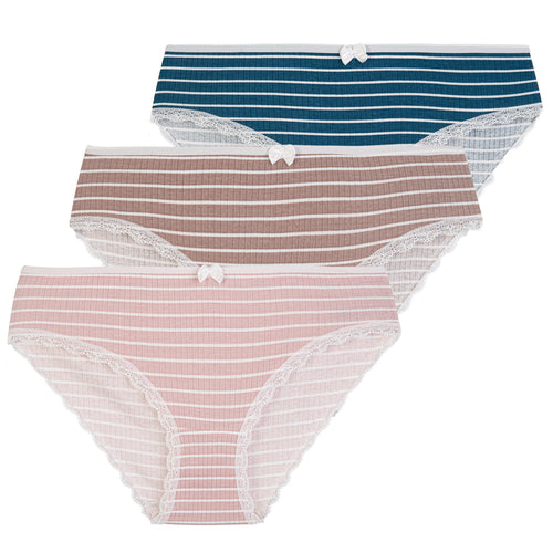 Figi damskie bikini prążkowane w paski z koronką (3-pak)