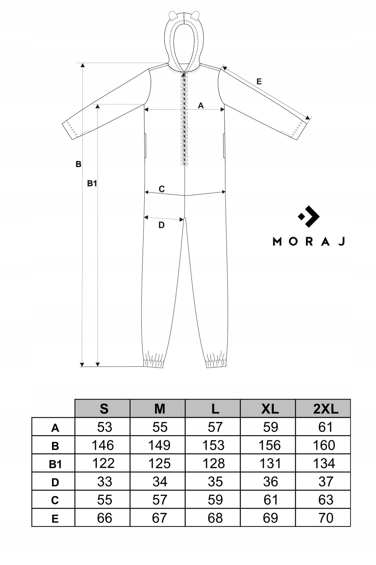 Tabela rozmiarów — Onesie dinozaur jednoczęściowa piżama z kapturem unisex kostium