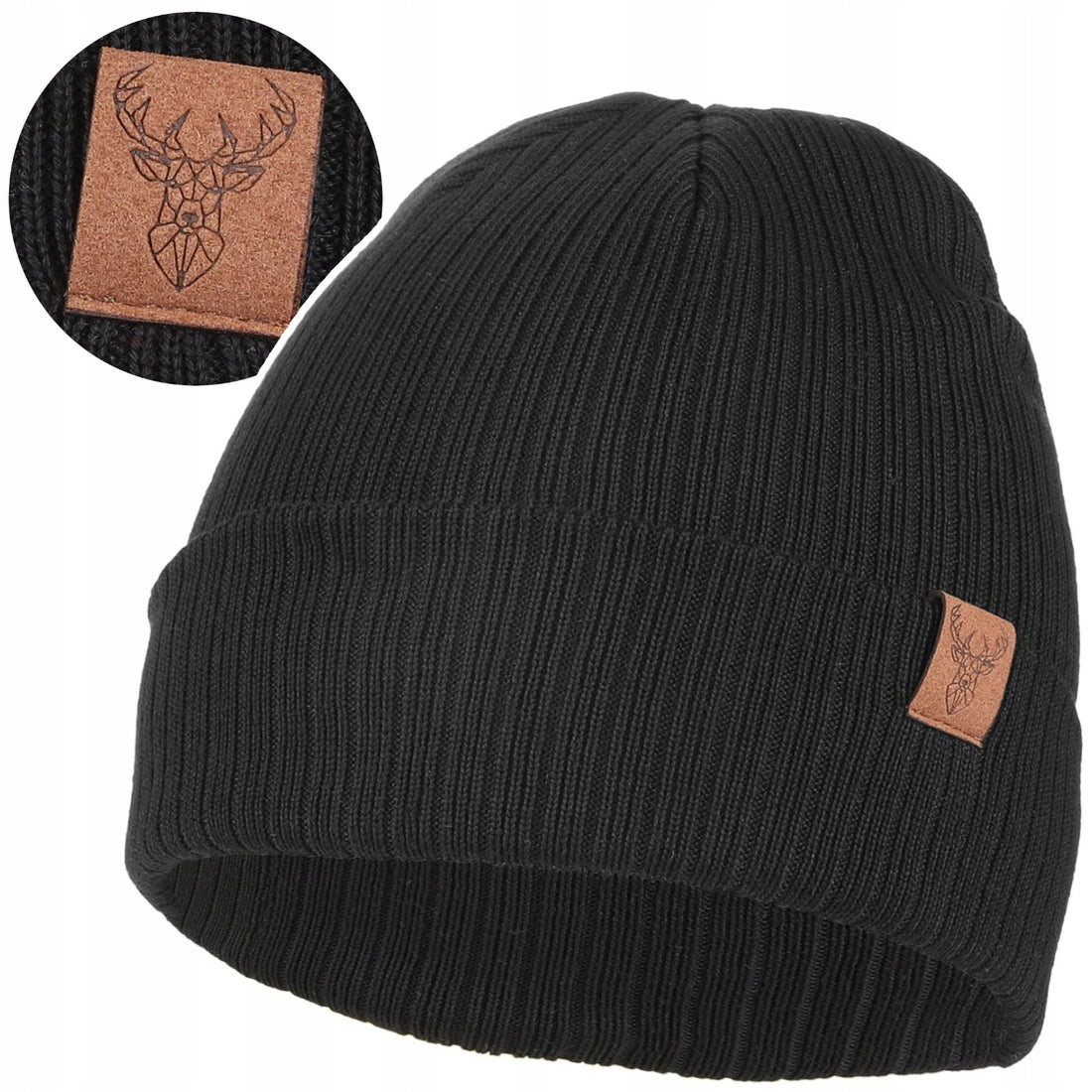 Czapka damska zimowa beanie na chłodne dni w prążek naszywka jelenia