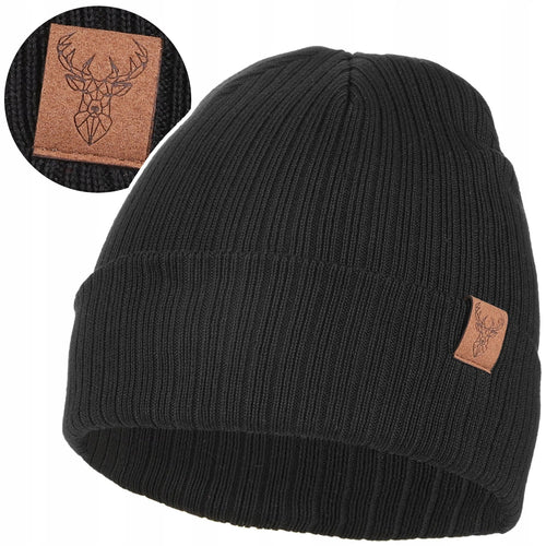 Czapka damska zimowa beanie na chłodne dni w prążek naszywka jelenia