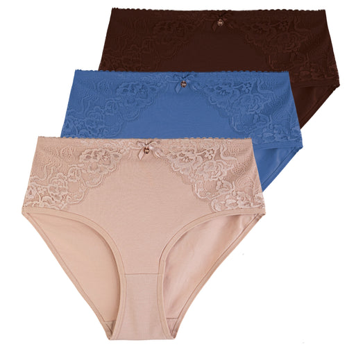 Figi damskie bawełniane maxi bikini z wysokim stanem i koronką (3-pak)