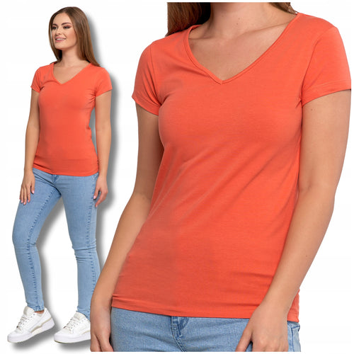 Gładki t-shirt damski klasyczny z dekolt v koszulka krótki rękaw