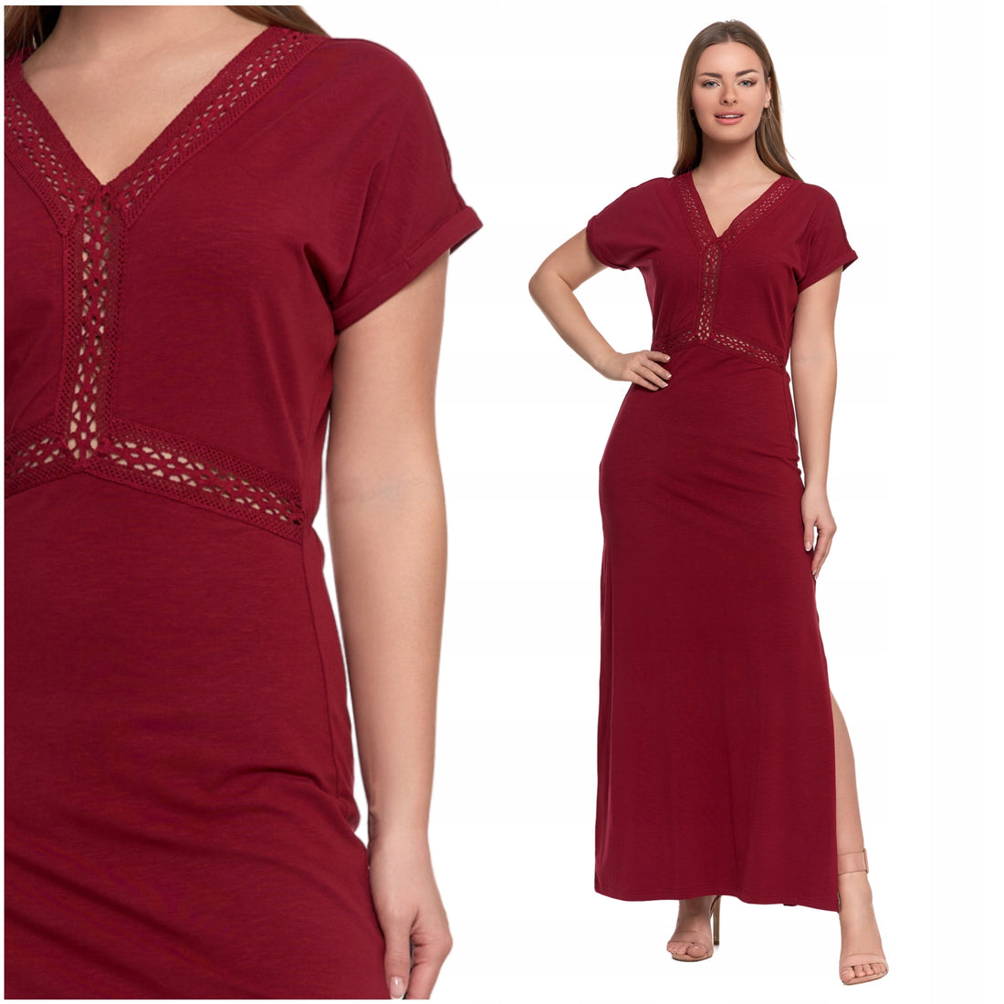 Sukienka damska maxi elegancka dekolt w serek rozcięcie koronka