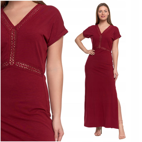 Sukienka damska maxi elegancka dekolt w serek rozcięcie koronka