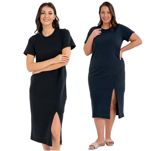 Sukienka damska bawełniana – t-shirt dress – midi z rozcięciami