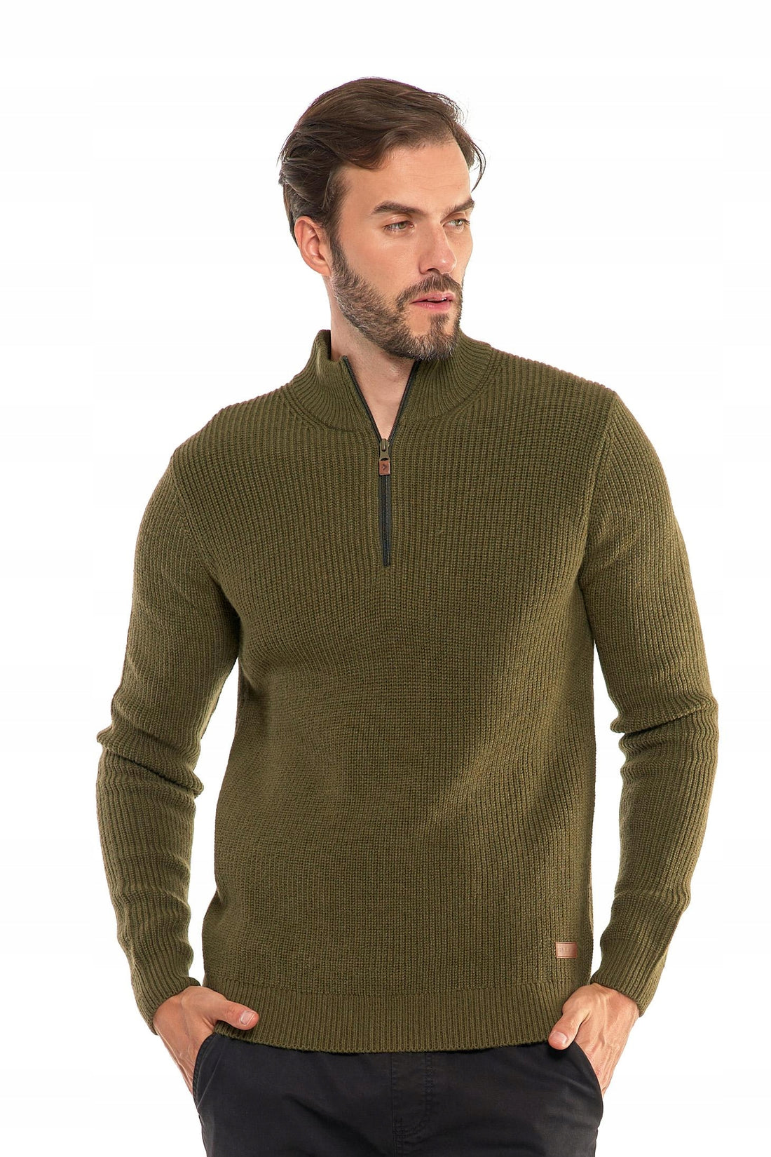 Sweter męski ze stójką zapinany pod szyją elegancki sweterek ciepły