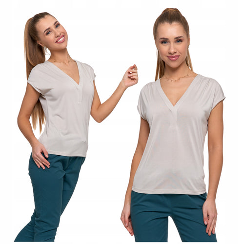 Bluzka damska koszulka gładka t-shirt dekolt v z krótkim rękawem