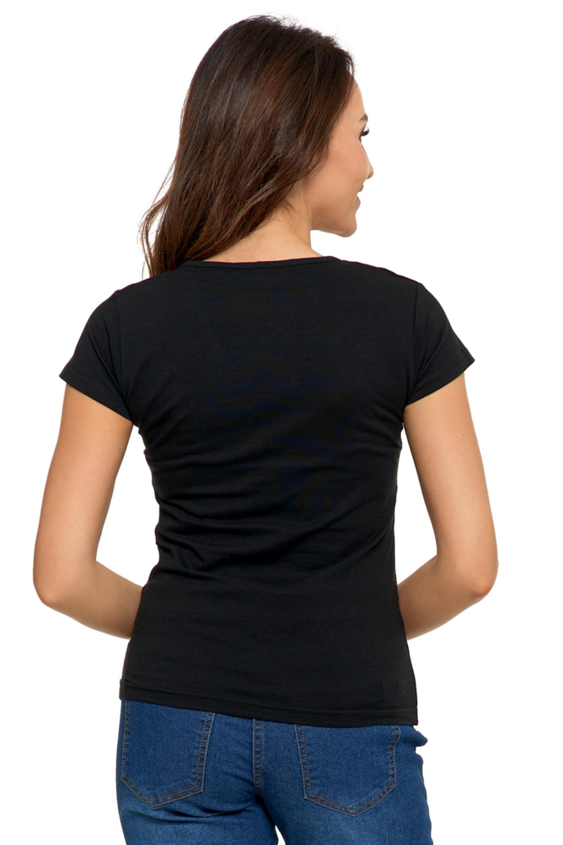 Gładki t-shirt damski klasyczny z dekolt v koszulka krótki rękaw