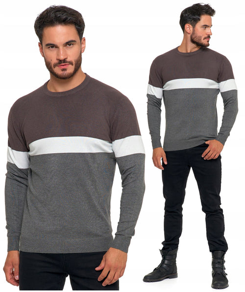 Sweter męski elegancki w paski okrągły dekolt klasyczny wiskoza