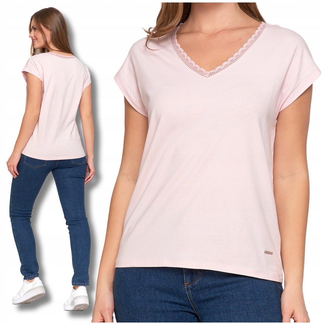 Bluzka damska koronkowy dekolt t-shirt z krótkim rękawem koszulka