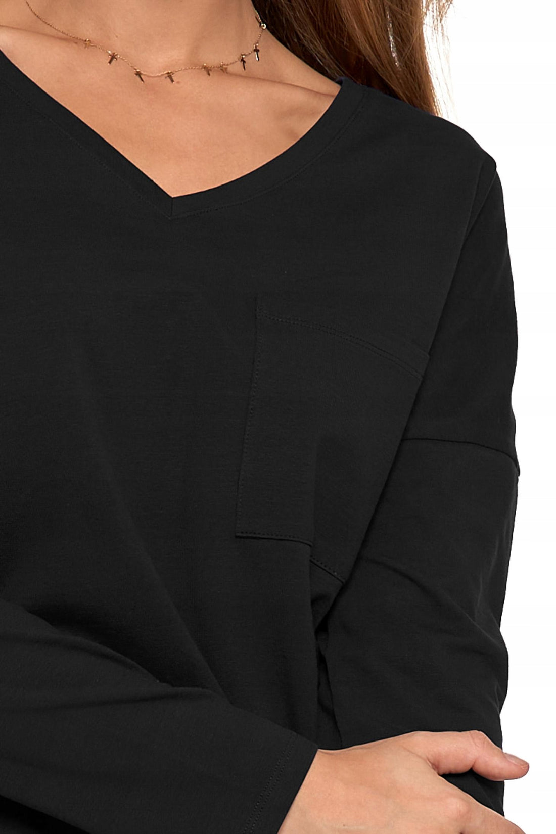T-shirt na długi rękaw bluzka damska gładka z kieszenią bawełna