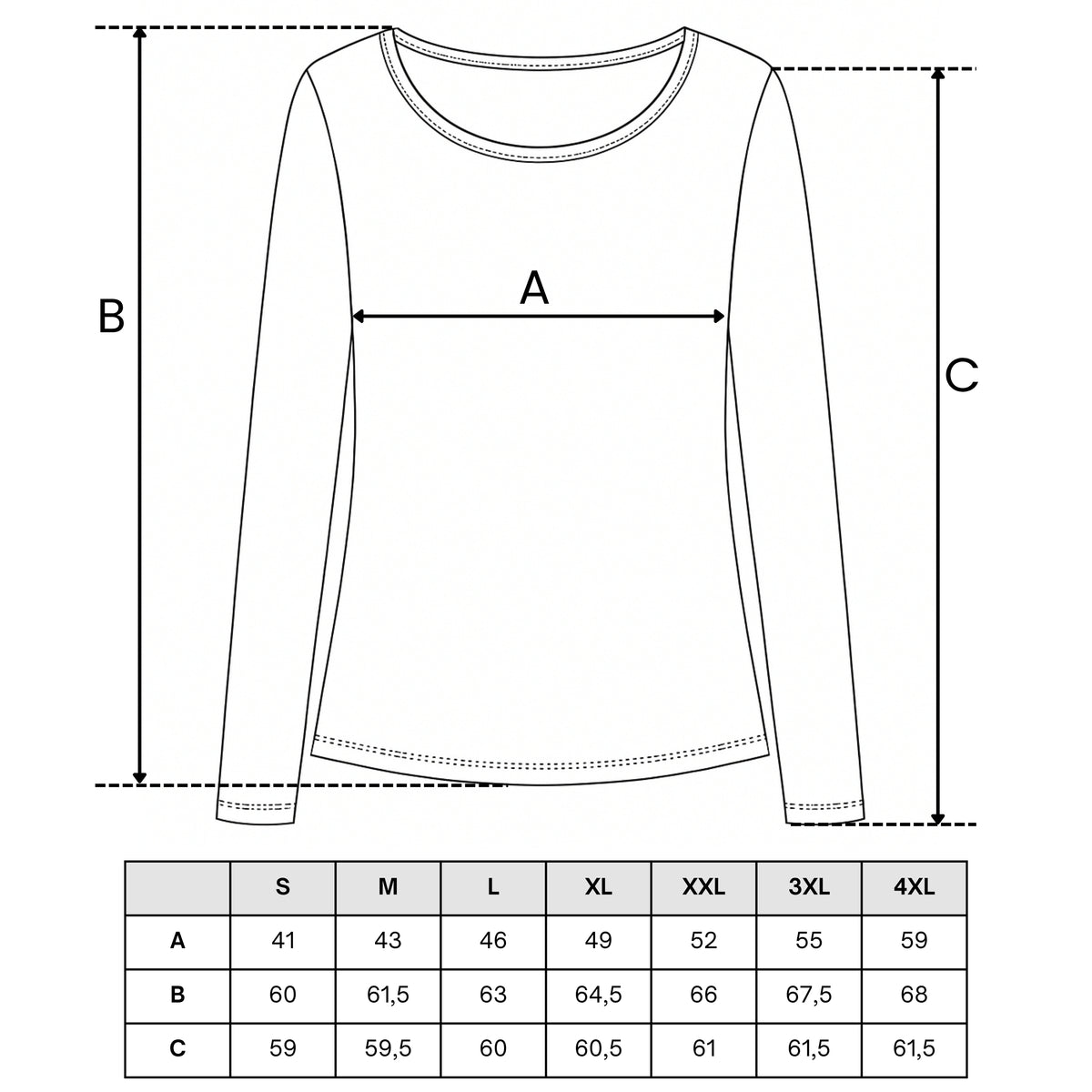 Tabela rozmiarów — Bluzka damska longsleeve bawełna slim basic dopasowana