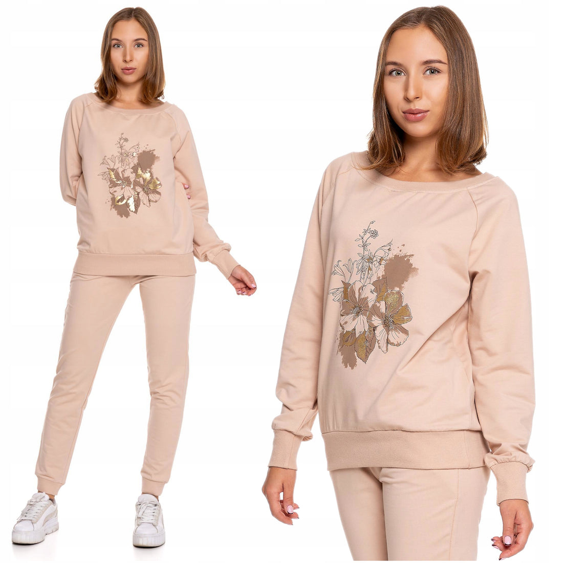 Bluza damska dresowa klasyczny krój złoty nadruk kwiaty modna