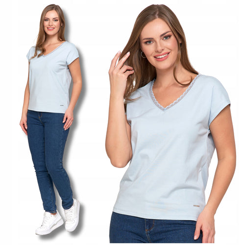 Bluzka damska koronkowy dekolt t-shirt z krótkim rękawem koszulka