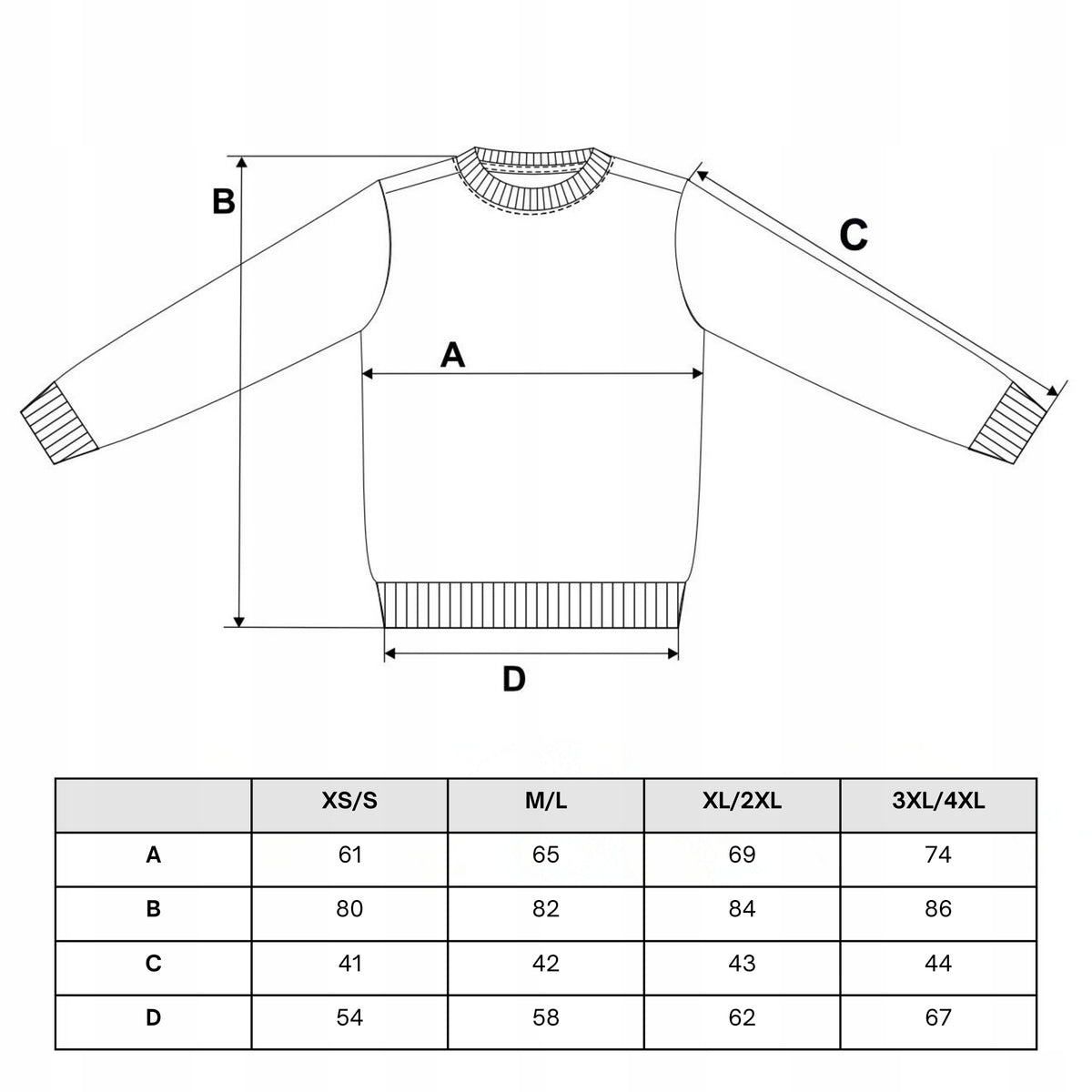 Tabela rozmiarów — Luźna bluza damska dresowa rozpinana długa gładka z kapturem 3xl/4xl
