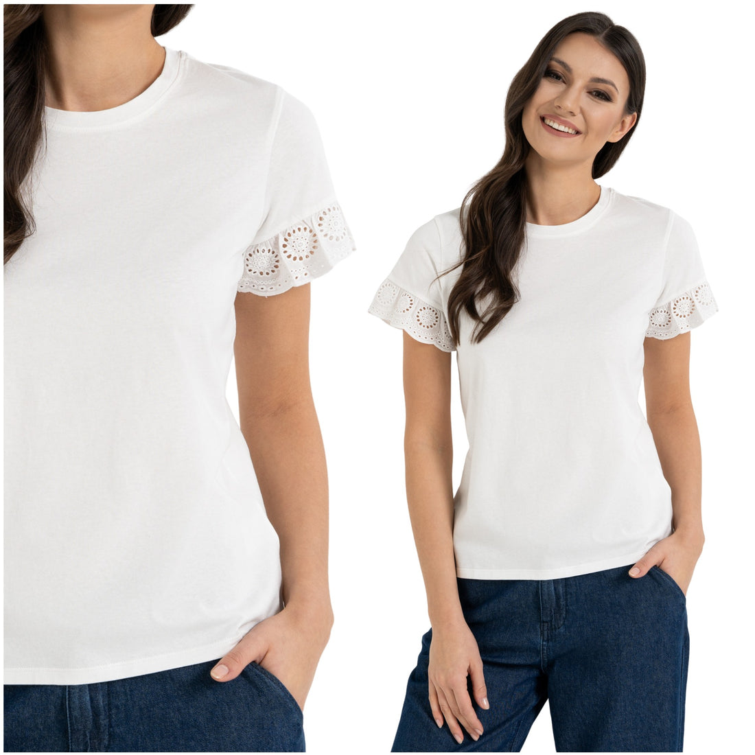 Bluzka damska motylkowe rękawy z koronką elegancka koszulka t-shirt