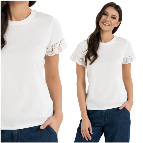 Bluzka damska motylkowe rękawy z koronką elegancka koszulka t-shirt