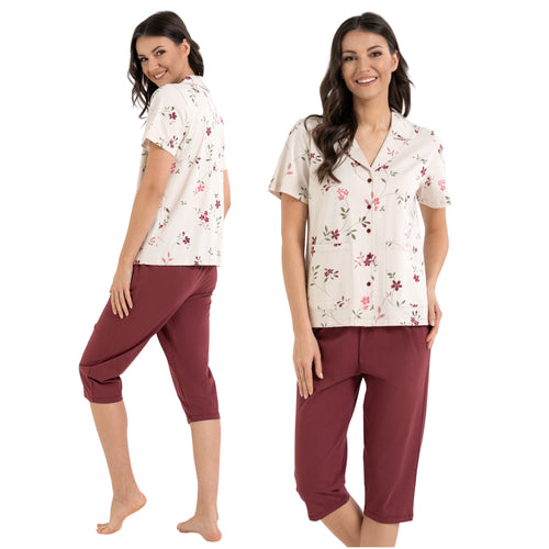 Piżama damska bawełniana – rozpinana góra – spodnie 3/4 – floral