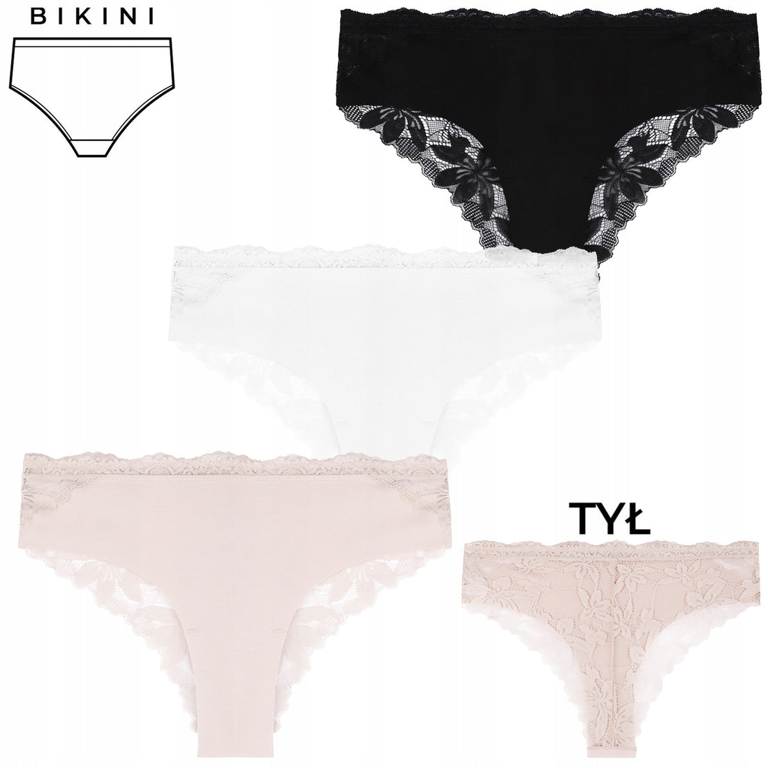 Figi damskie majtki z koronką delikatne eleganckie 3-szt.