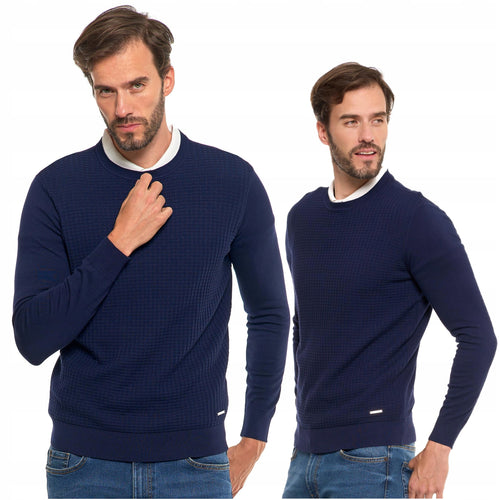 Elegancki sweter męski klasyczny okrągły dekolt delikatny wzór