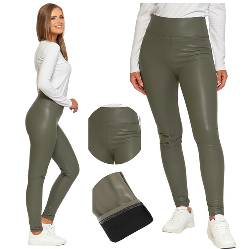 Legginsy damskie ocieplane z eko skóry spodnie z wysokim stanem