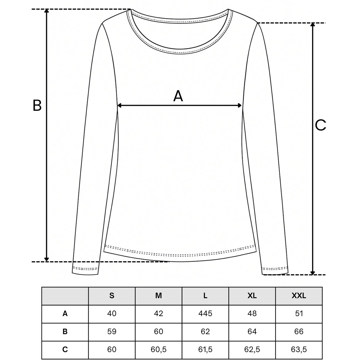 Tabela rozmiarów — Bluzka damska longsleeve bawełna slim basic dopasowana