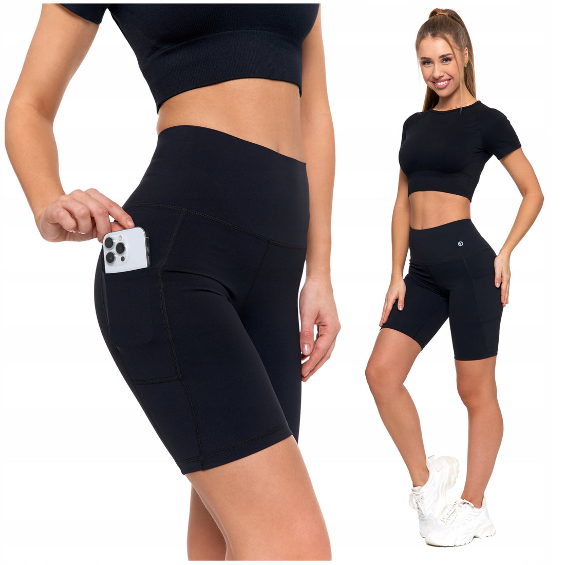 Legginsy kolarki szorty damskie sportowe wysoki stan kieszenie