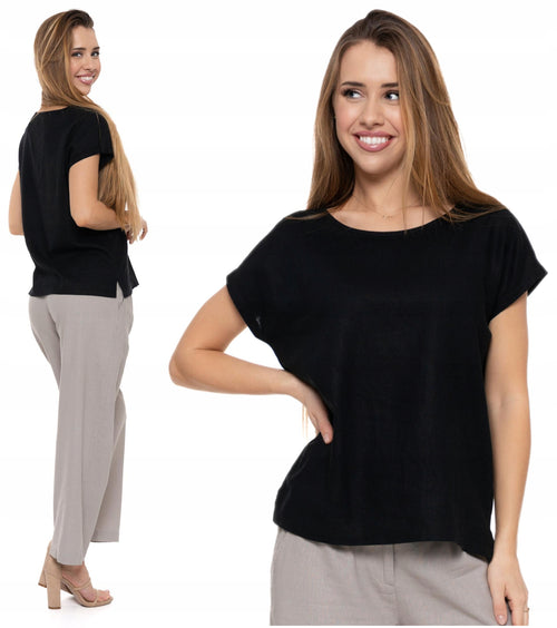 Luźna bluzka damska lniana czarna koszulka t-shirt przewiewna