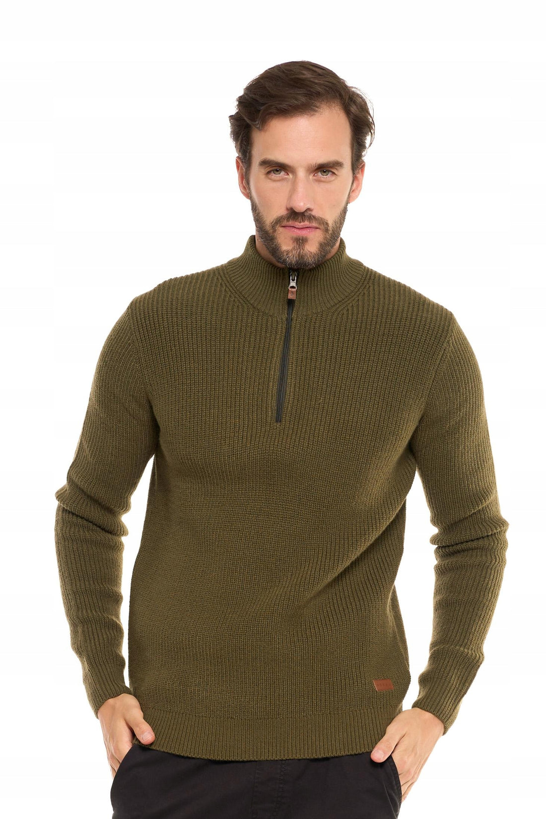 Sweter męski ze stójką zapinany pod szyją elegancki sweterek ciepły