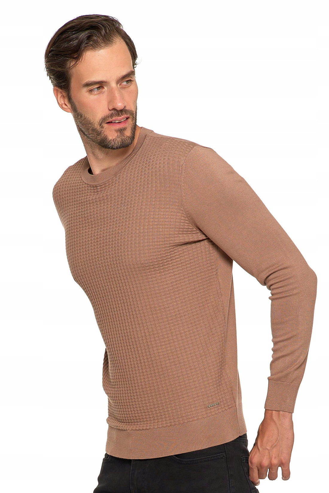 Elegancki sweter męski klasyczny okrągły dekolt delikatny wzór