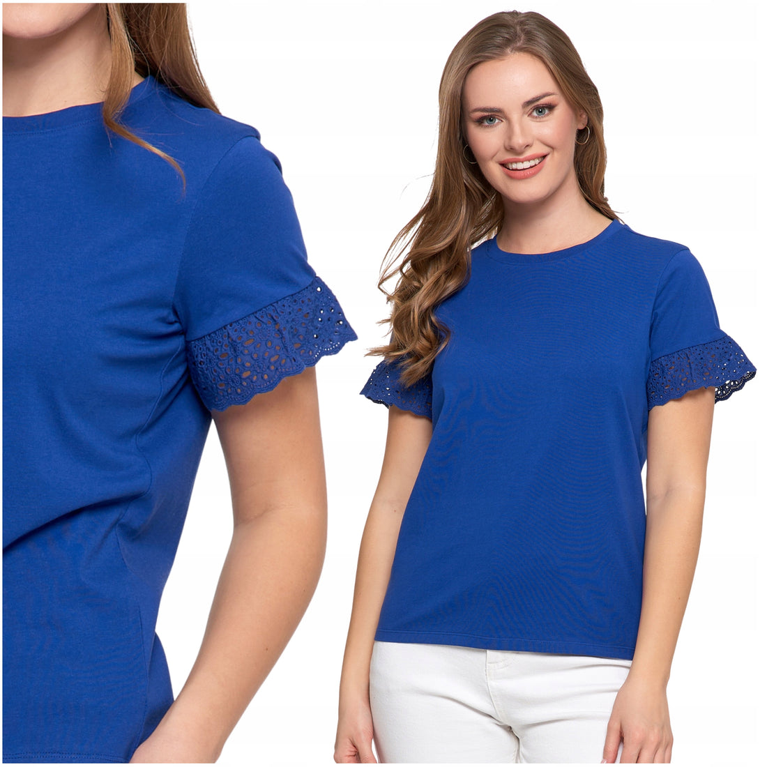 Elegancka bluzka damska motylkowe rękawy z koronką koszulka t-shirt