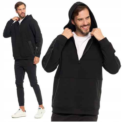 Bluza męska rozpinana do połowy z kapturem czarna bawełniana