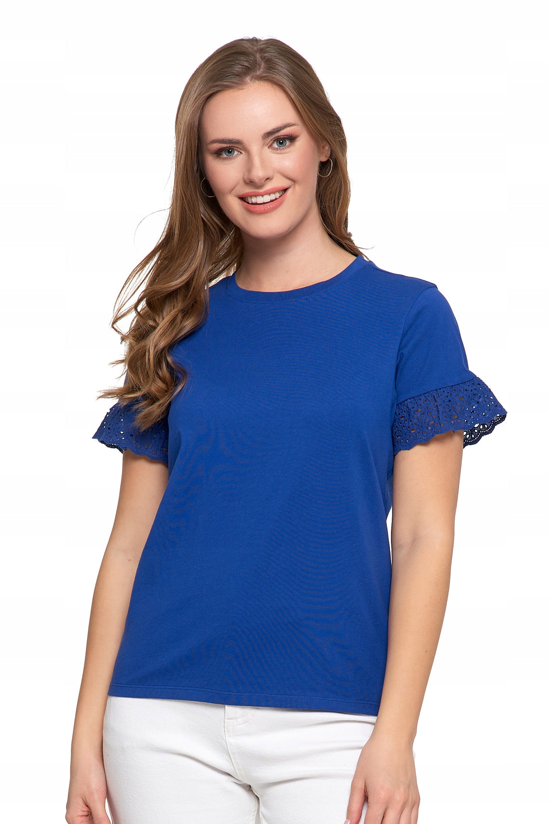 Elegancka bluzka damska motylkowe rękawy z koronką koszulka t-shirt