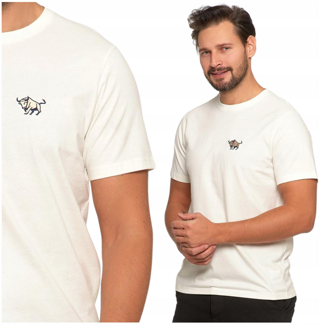 Koszulka t-shirt męski bluzka z krótkim rękawem haft byka biała