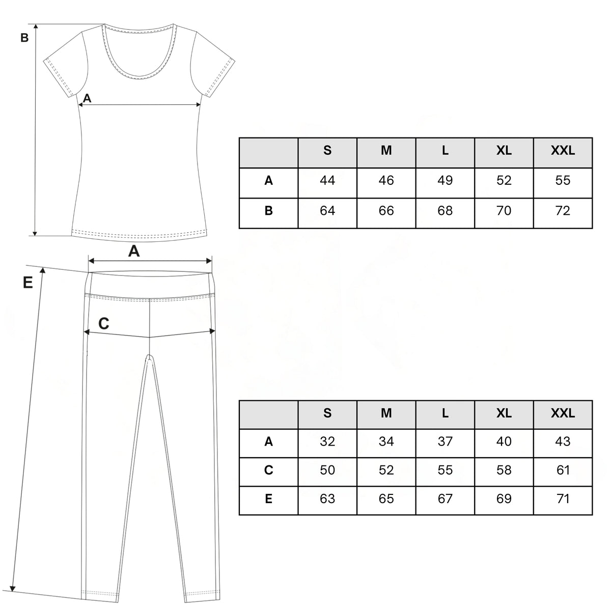 Tabela rozmiarów — Piżama damska dwuczęściowa t-shirt krótki rękaw 3/4 spodnie