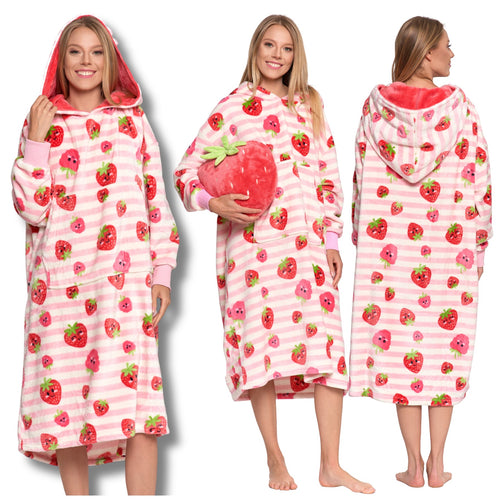 Kocobluza ciepła duża bluza koc z rękawami w truskawki 2w1 poduszka