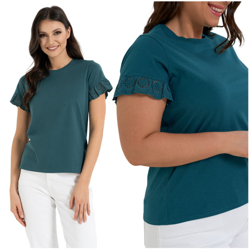 Bluzka damska motylkowe rękawy z koronką elegancka koszulka t-shirt