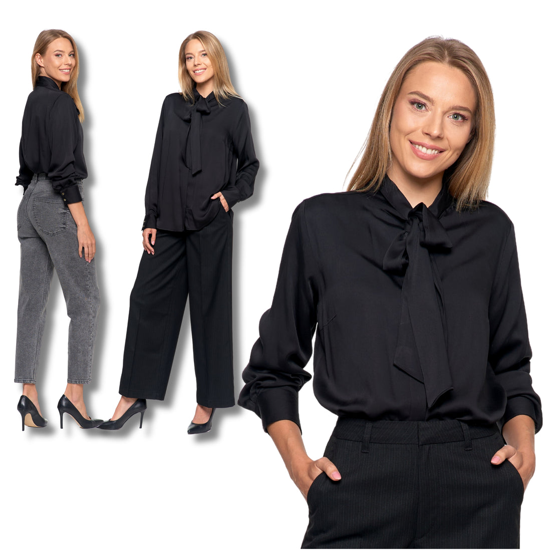 Koszula damska z kokardą pod szyją elegancka bluzka kobieca