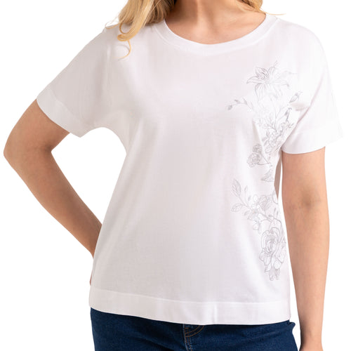 Damski t-shirt bawełniany boxy z kimonowym rękawem i subtelnym nadrukiem