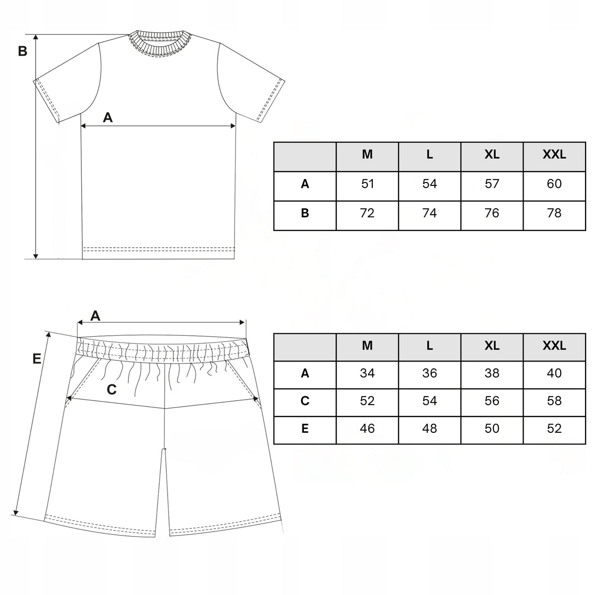 Tabela rozmiarów — Piżama męska dwuczęściowa t-shirt z krótkim rękawem szorty gładka