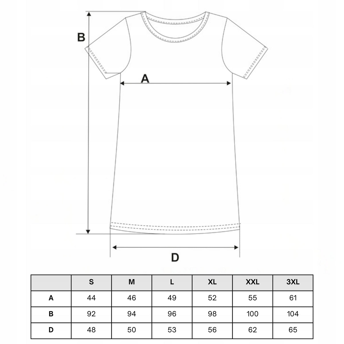 Tabela rozmiarów — Sukienka damska t-shirtowa z krótkim rękawem przed kolano