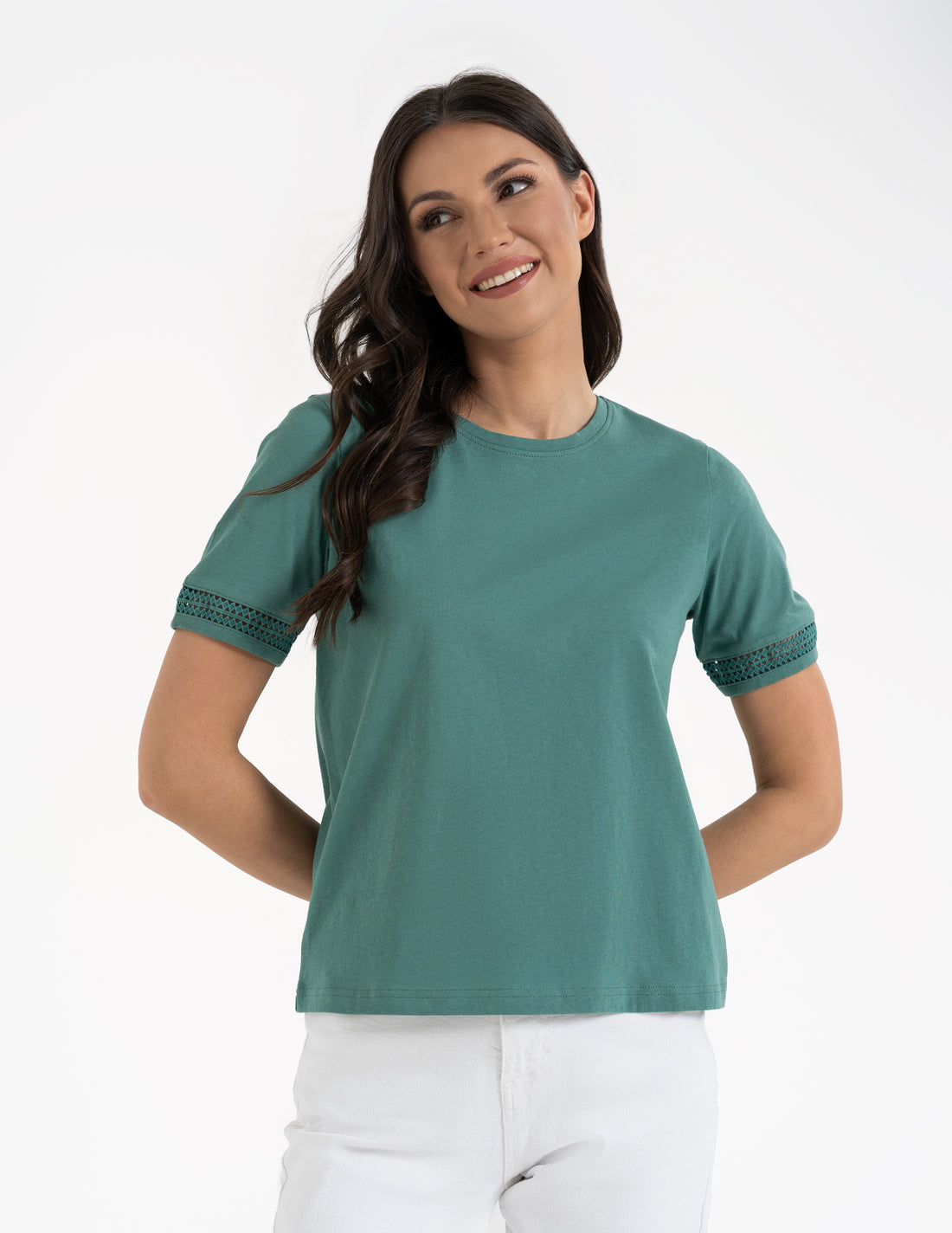 Bluzka damska koszulka gładka krótki rękaw z koronką t-shirt