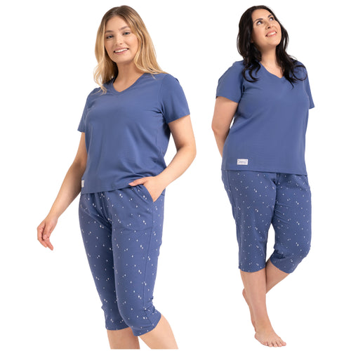 Piżama damska bawełniana t-shirt v-neck i spodnie capri z kieszeniami