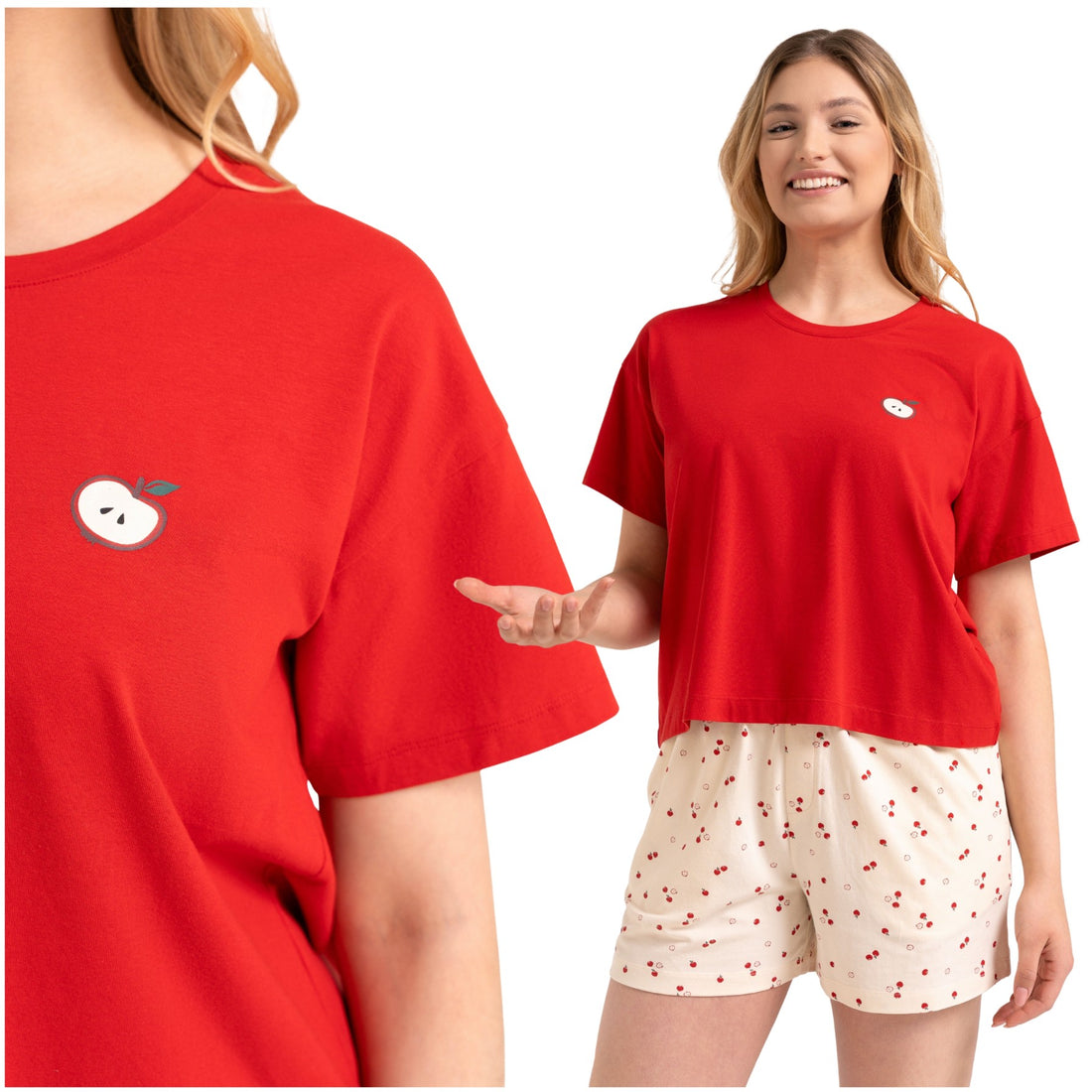 Piżama damska krótka wygodna luźny t-shirt szorty jabłka