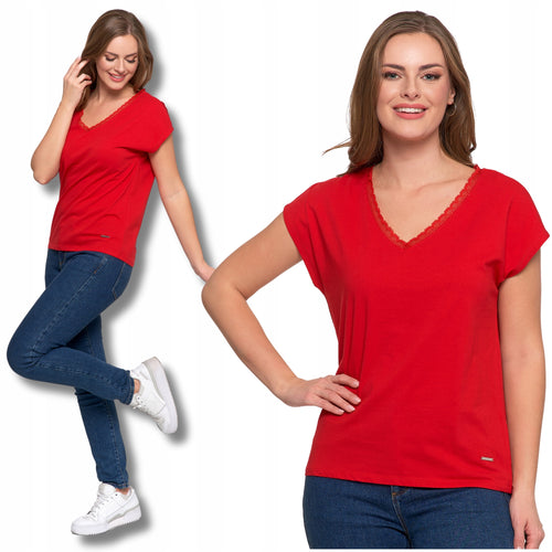 Bluzka damska koronkowy dekolt t-shirt z krótkim rękawem koszulka